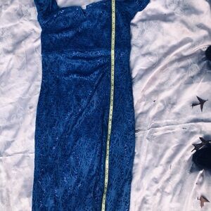 Charming Blue Candalite Women’s Gown S 2X Lined.  Floral Lace /Sequins Over Lay